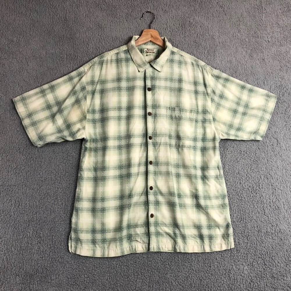 Tommy Bahama Green Ivory Silk Plaid Stripe Short Sleeve‎ Shirt Mens Medium